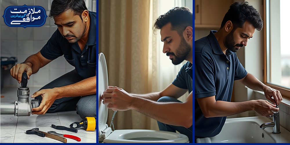 Three images of a Kaacib worker in a navy blue polo shirt performing plumbing tasks: repairing a pipe with tools, fixing a toilet, and adjusting a sink faucet in a bathroom setting.