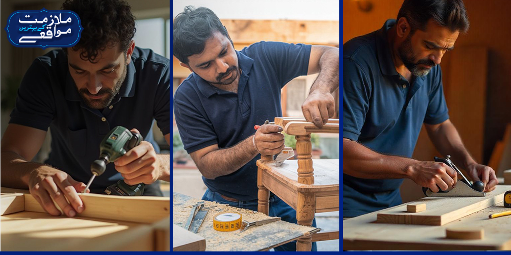 Three images of a Kaacib worker in a navy blue polo shirt engaged in woodworking: using a drill on wood, assembling a chair with tools, and shaping wood with a plane in a workshop setting