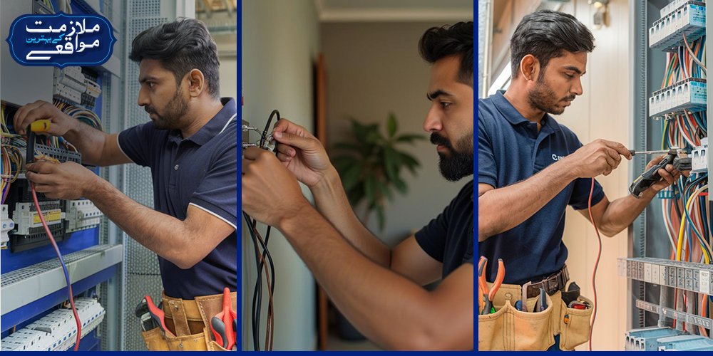 Three images of a Kaacib worker in a navy blue polo shirt with a tool belt, working on electrical wiring and panels in an indoor setting with various tools and equipment.