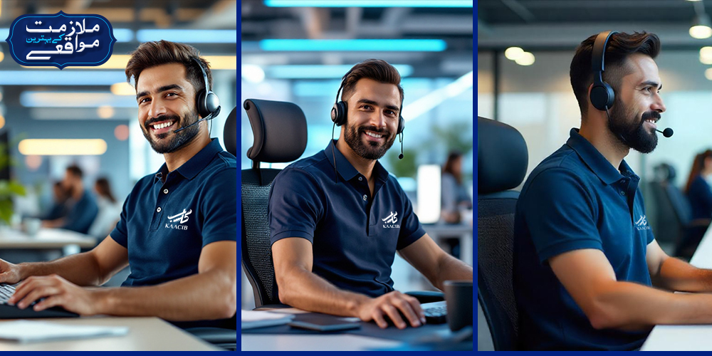 Three images of Kaacib call center agents in navy blue polo shirts with the Kaacib logo, wearing headsets, working at desks with computers in a modern office environment.