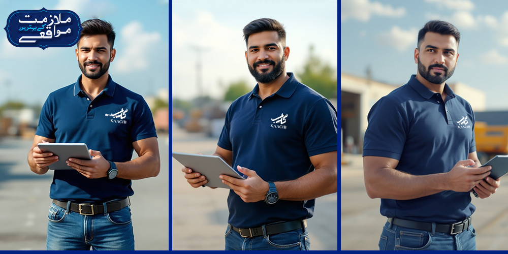 Three images of a Kaacib field operation executive in a navy blue polo shirt with the Kaacib logo, holding a tablet, standing outdoors with industrial and natural backgrounds.