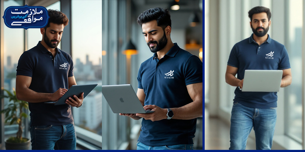 Three images of an account manager at Kaacib, wearing a navy blue polo shirt with the Kaacib logo, working with a laptop in a modern office setting with large windows and city views.