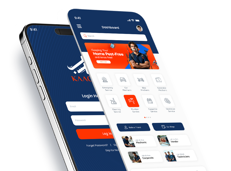 Kaacib mobile app interface showing login screen and service dashboard with technician categories and user options.