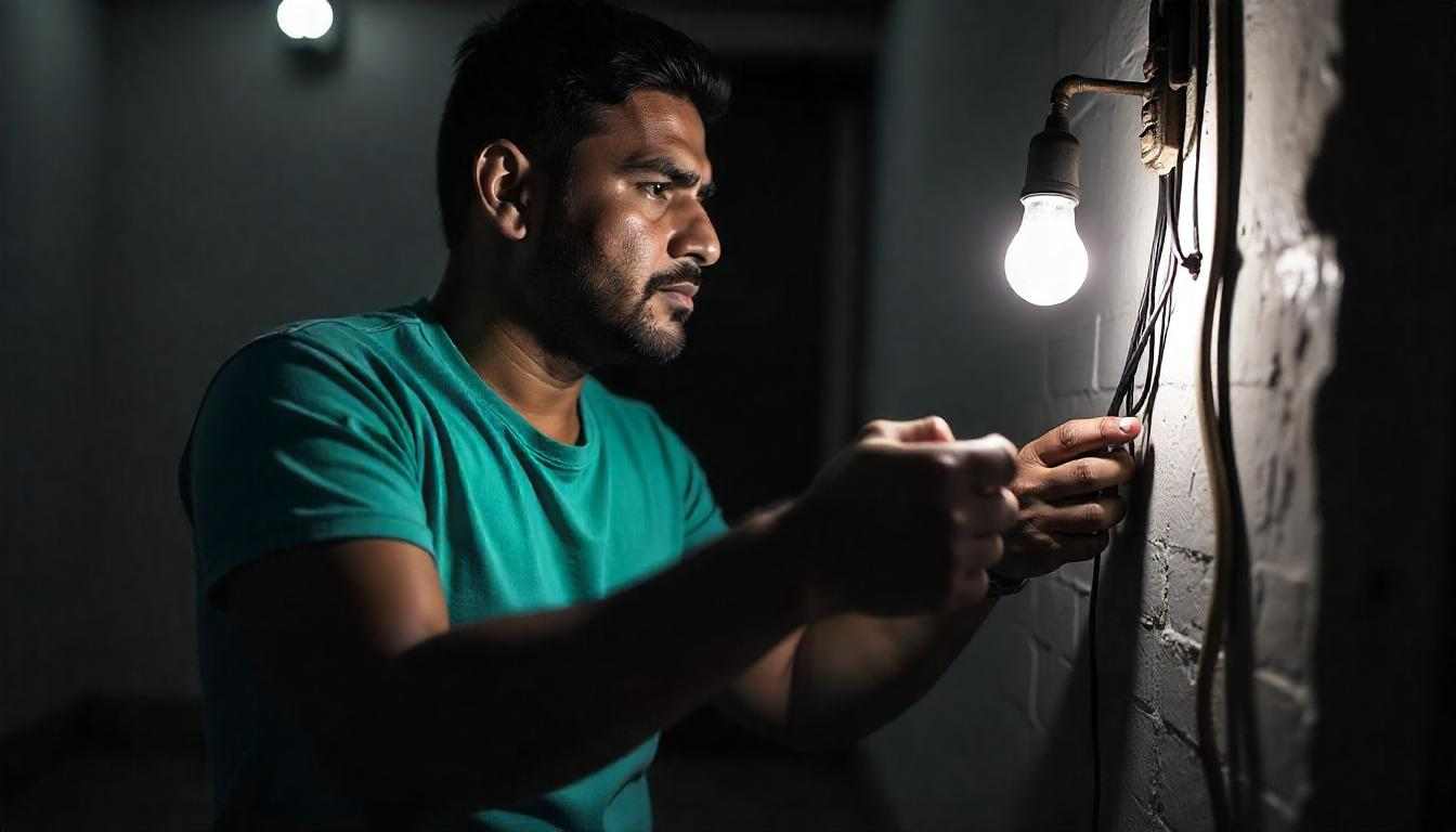 Electrician repairing exposed wiring near a lit bulb in a dimly lit room.