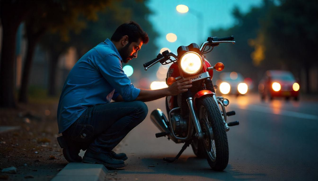 A man kneels beside a motorcycle on a city street at dusk, inspecting it under the glow of its headlight with cars and trees in the background.