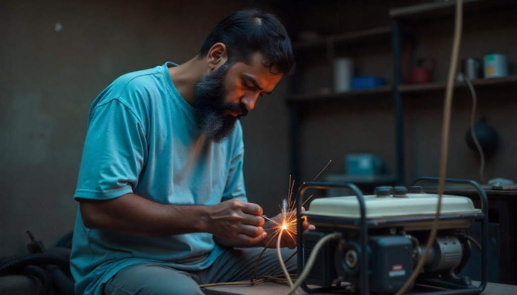Man repairing wires with sparks near a generator in a dimly lit workshop.