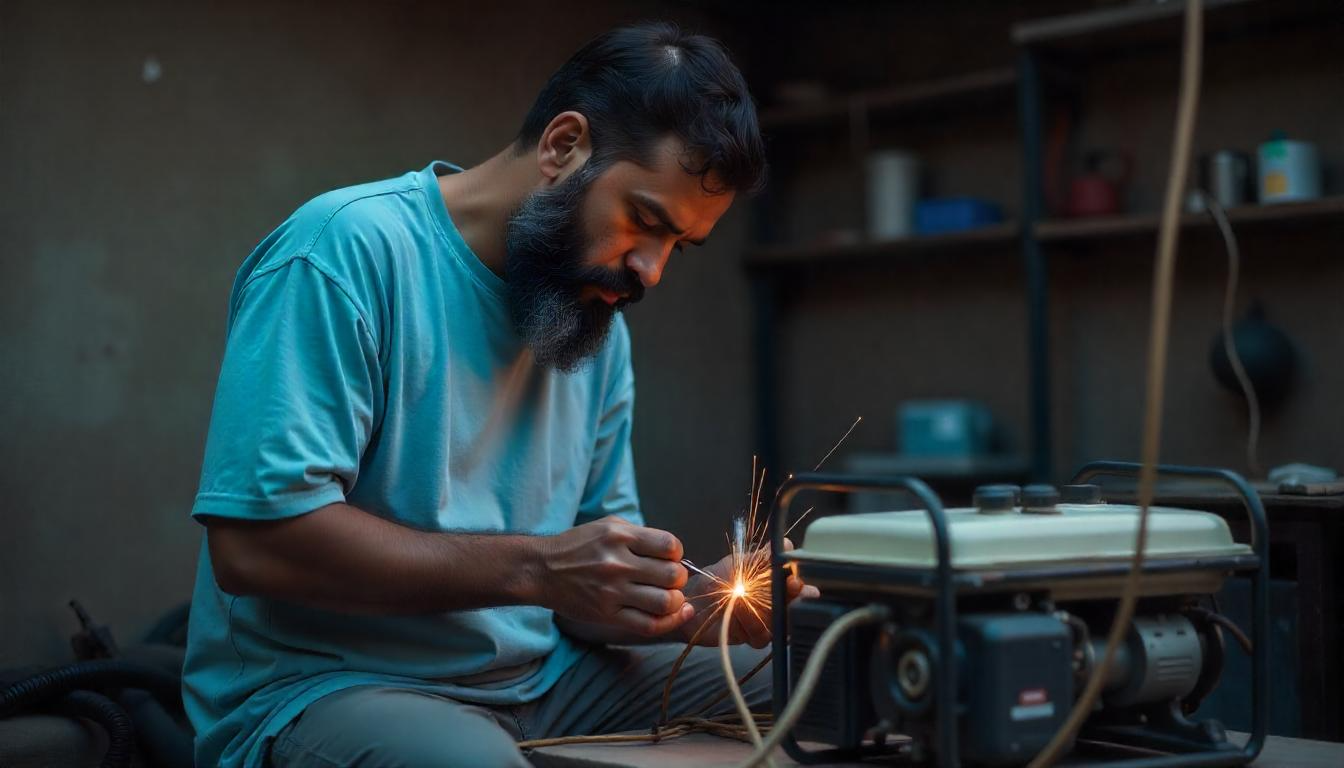 Man repairing wires with sparks near a generator in a dimly lit workshop.