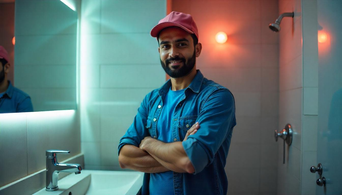 Plumber in denim shirt and pink cap smiling with arms crossed in a bathroom.